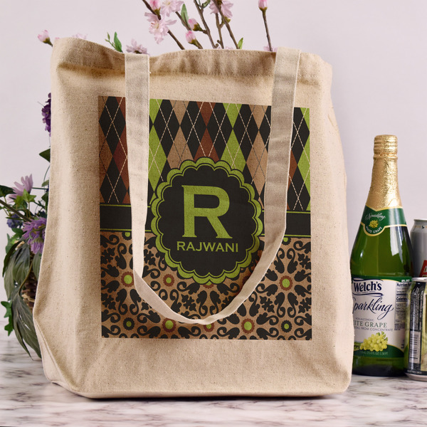 Argyle & Moroccan Mosaic Reusable Cotton Grocery Bag - In Context