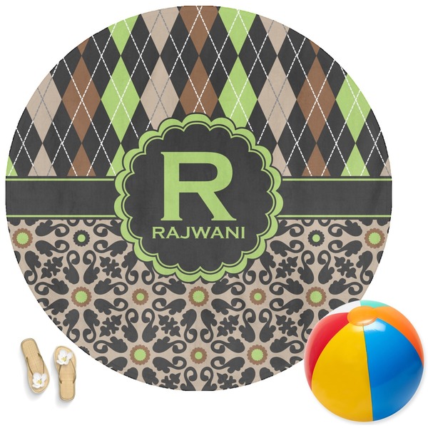 Custom Argyle & Moroccan Mosaic Round Beach Towel (Personalized)