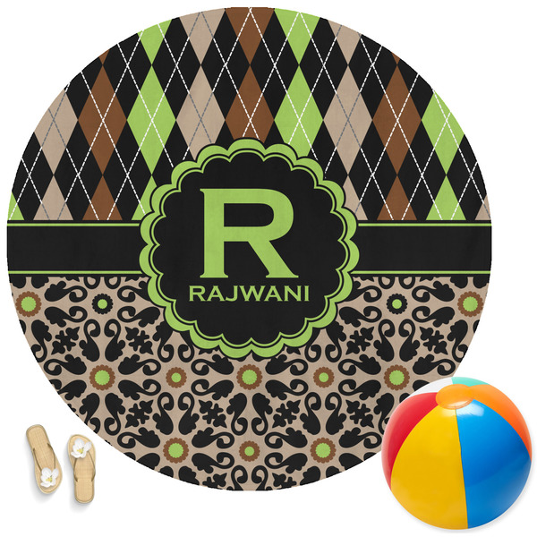 Custom Argyle & Moroccan Mosaic Round Beach Towel (Personalized)