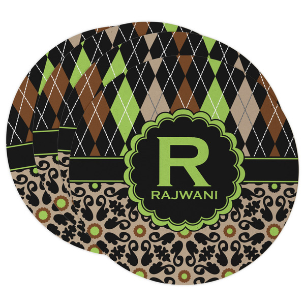 Custom Argyle & Moroccan Mosaic Round Paper Coasters w/ Name and Initial