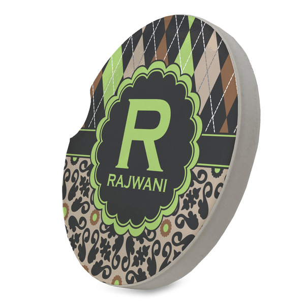 Argyle & Moroccan Mosaic Sandstone Car Coaster - STANDING ANGLE