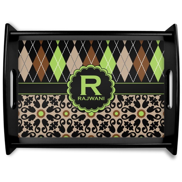 Custom Argyle & Moroccan Mosaic Black Wooden Tray - Large (Personalized)
