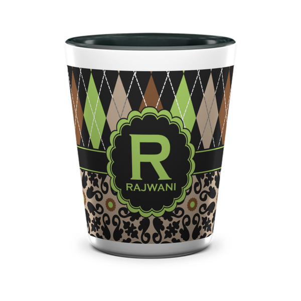 Custom Argyle & Moroccan Mosaic Ceramic Shot Glass - 1.5 oz - Two Tone - Set of 4 (Personalized)