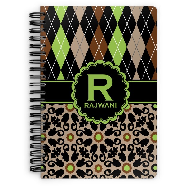Custom Argyle & Moroccan Mosaic Spiral Notebook - 7x10 w/ Name and Initial