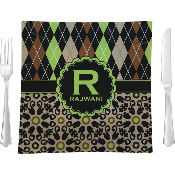 Custom Argyle & Moroccan Mosaic 9.5" Glass Square Lunch / Dinner Plate- Single or Set of 4 (Personalized)