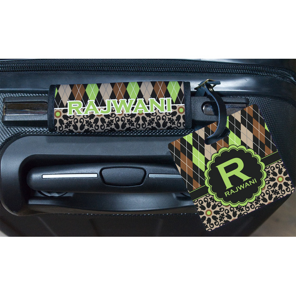 Argyle & Moroccan Mosaic Square Luggage Tag & Handle Wrap - In Context