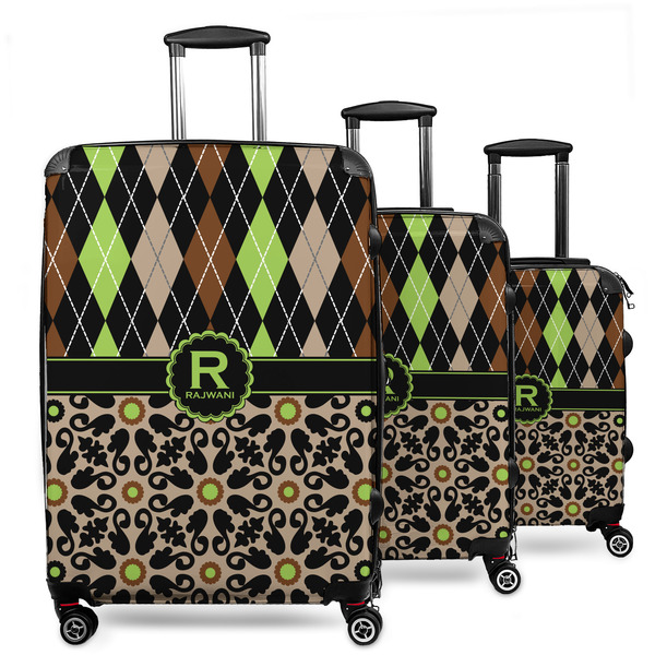 Custom Argyle & Moroccan Mosaic 3 Piece Luggage Set - 20" Carry On, 24" Medium Checked, 28" Large Checked (Personalized)
