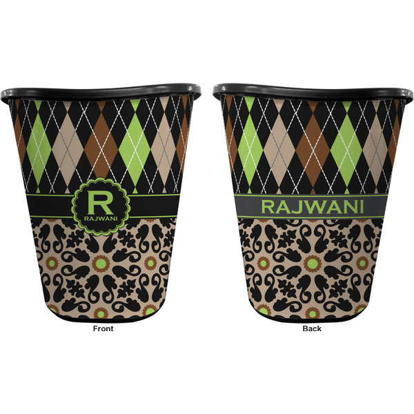 Argyle & Moroccan Mosaic Trash Can Black - Front and Back - Apvl