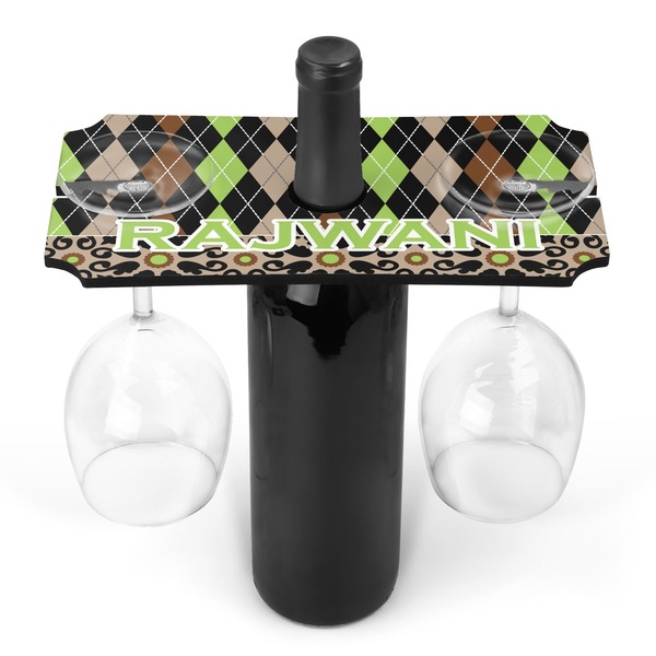 Custom Argyle & Moroccan Mosaic Wine Bottle & Glass Holder (Personalized)