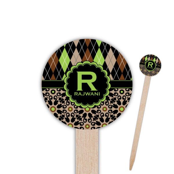 Custom Argyle & Moroccan Mosaic Round Wooden Food Picks (Personalized)