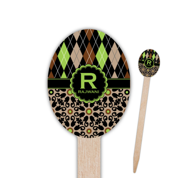 Custom Argyle & Moroccan Mosaic Oval Wooden Food Picks - Single Sided (Personalized)