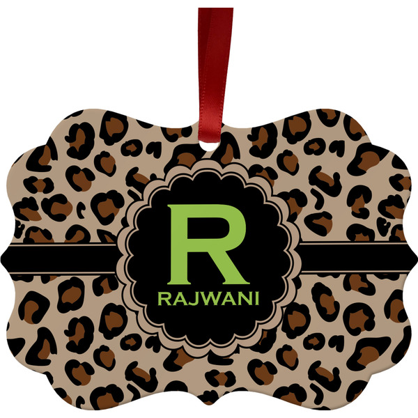Custom Granite Leopard Metal Frame Ornament - Double Sided w/ Name and Initial