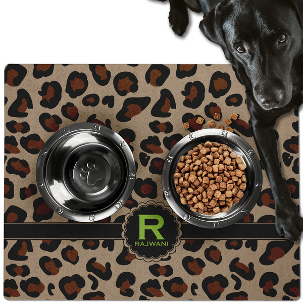 Custom Granite Leopard Dog Food Mat - Large w/ Name and Initial