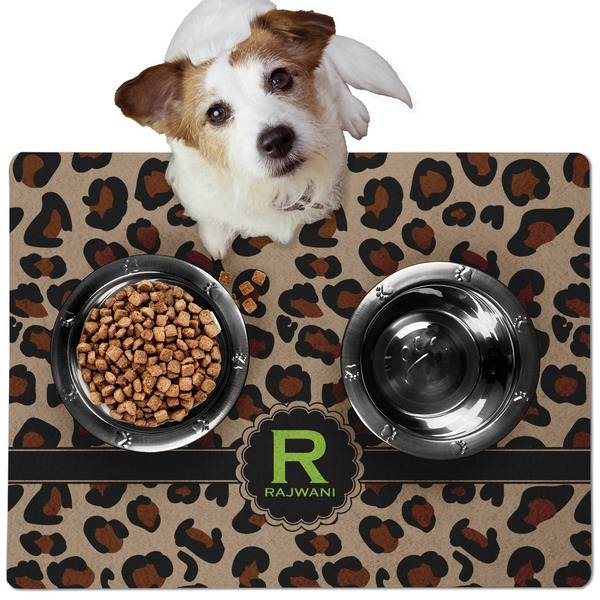 Custom Granite Leopard Dog Food Mat - Medium w/ Name and Initial