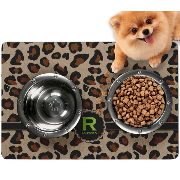 Custom Granite Leopard Dog Food Mat - Small w/ Name and Initial