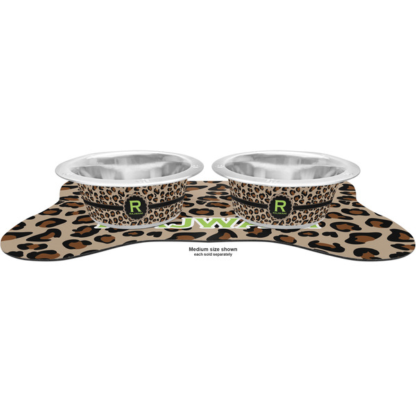 Granite Leopard Metal Pet Bowls - On Dog Bone Shaped Mat