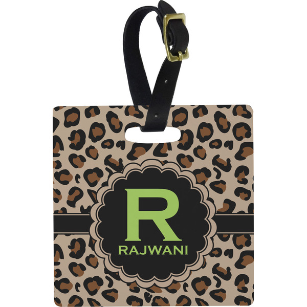 Custom Granite Leopard Plastic Luggage Tag - Square w/ Name and Initial