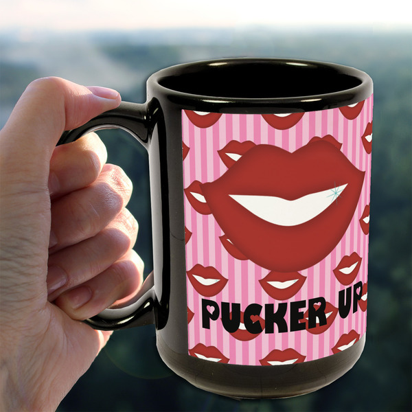 Lips (Pucker Up) 15oz. Black Mug - LIFESTYLE