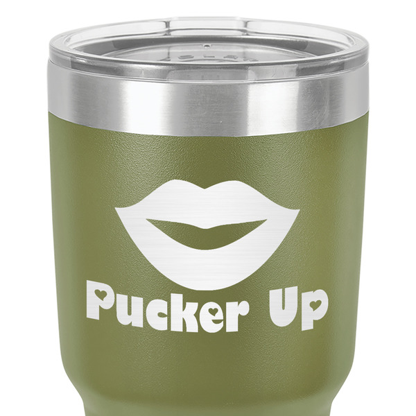 Lips (Pucker Up) 30 oz Stainless Steel Ringneck Tumbler - Olive - Close Up