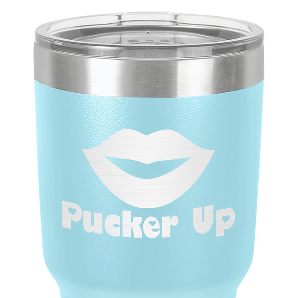 Lips (Pucker Up) 30 oz Stainless Steel Ringneck Tumbler - Teal - Close Up