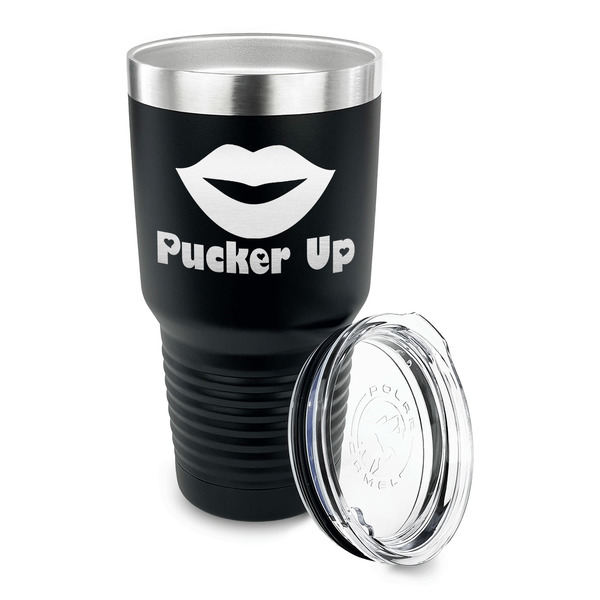 Lips (Pucker Up) 30 oz Stainless Steel Ringneck Tumblers - Black - LID OFF