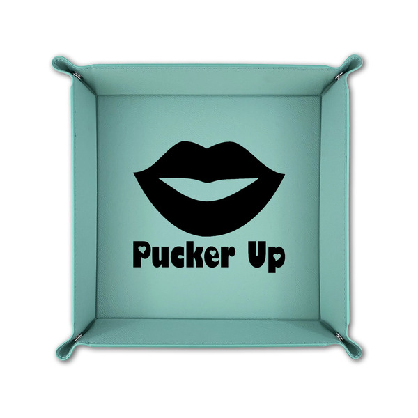 Lips (Pucker Up) 6" x 6" Teal Leatherette Snap Up Tray - FOLDED UP