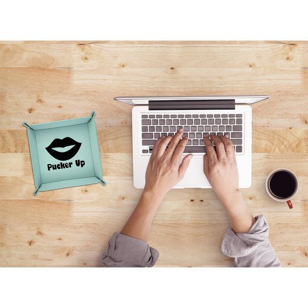 Lips (Pucker Up) 6" x 6" Teal Leatherette Snap Up Tray - LIFESTYLE