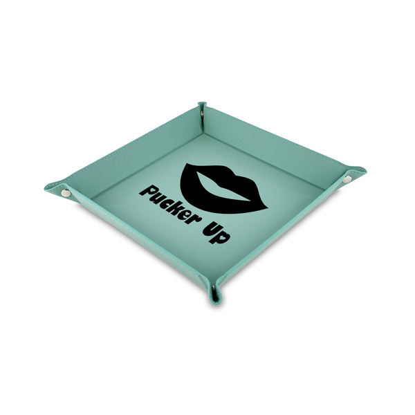 Custom Lips (Pucker Up) Faux Leather Dice Tray - 6" x 6" - Teal
