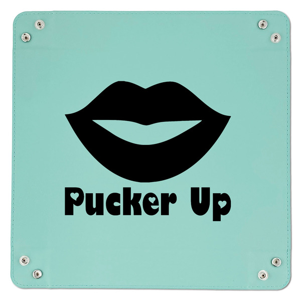 Lips (Pucker Up) 9" x 9" Teal Leatherette Snap Up Tray - APPROVAL