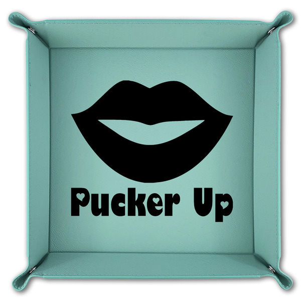 Lips (Pucker Up) 9" x 9" Teal Leatherette Snap Up Tray - FOLDED