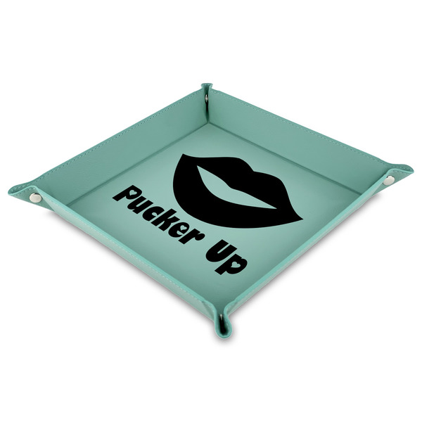 Custom Lips (Pucker Up) 9" x 9" Teal Faux Leather Valet Tray