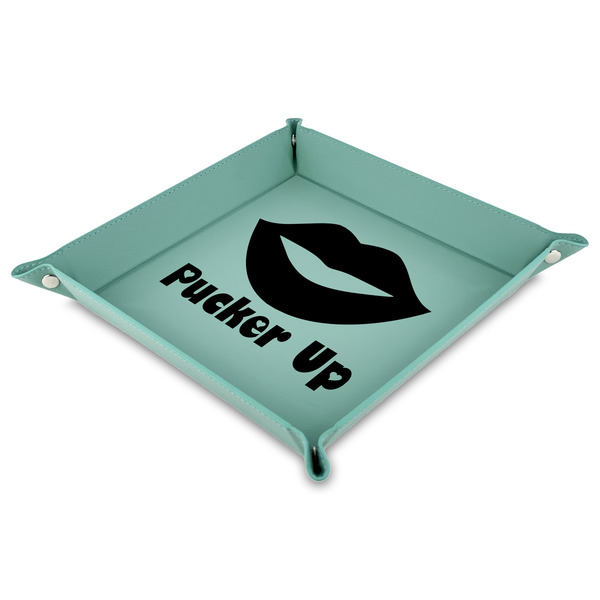 Custom Lips (Pucker Up) Faux Leather Dice Tray - 9" x 9"  - Teal