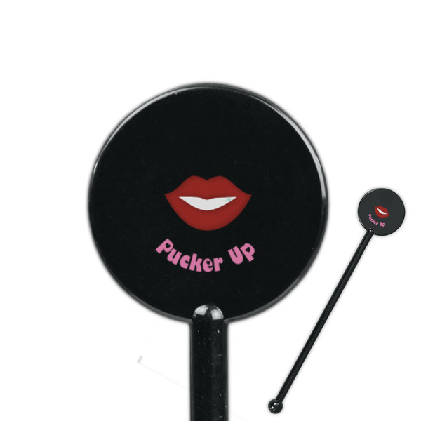 Custom Lips (Pucker Up) 5.5" Round Plastic Stir Sticks - Black - Single Sided