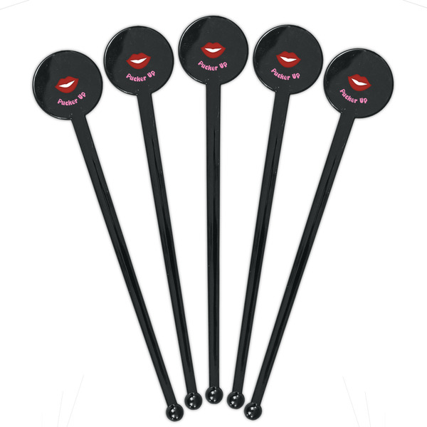 Lips (Pucker Up) Black Plastic 7" Stir Stick - Round - Fan View
