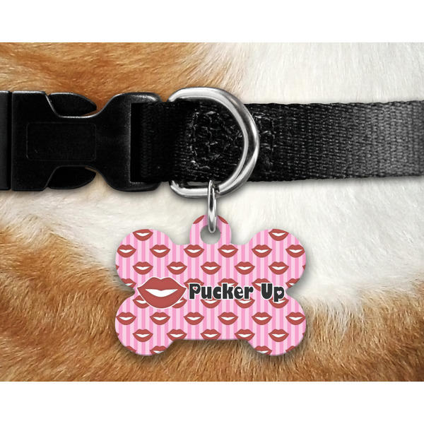 Lips (Pucker Up) Bone Shaped Dog Tag on Collar & Dog