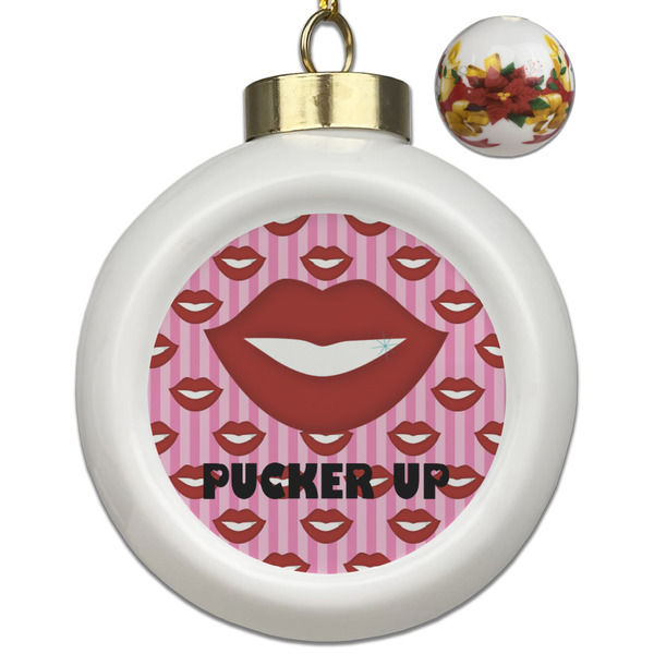 Custom Lips (Pucker Up) Ceramic Ball Ornaments - Poinsettia Garland