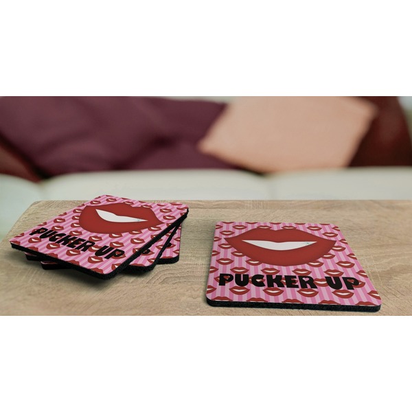 Lips (Pucker Up) Coaster Rubber Back - On Coffee Table