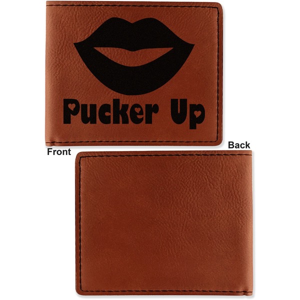 Lips (Pucker Up) Cognac Leatherette Bifold Wallets - Front and Back Single Sided - Apvl