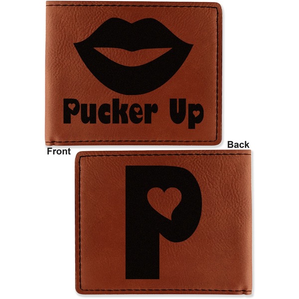 Lips (Pucker Up) Cognac Leatherette Bifold Wallets - Front and Back