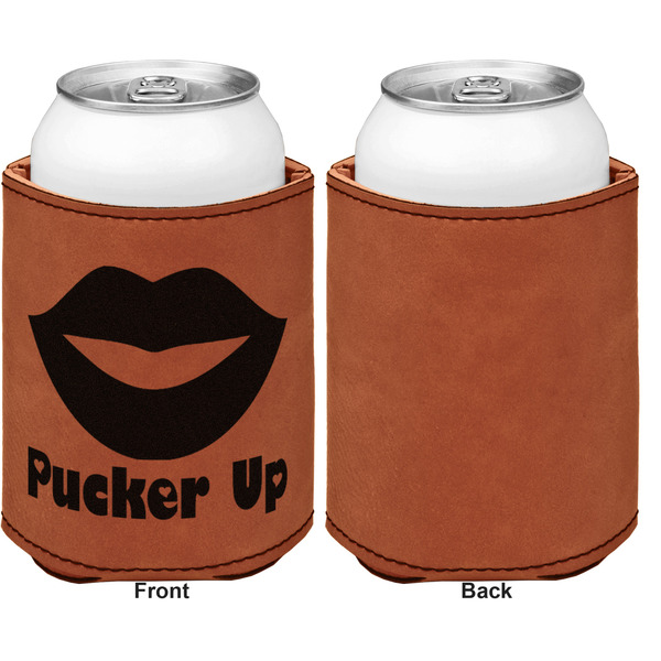 Lips (Pucker Up) Cognac Leatherette Can Sleeve - Single Sided Front and Back