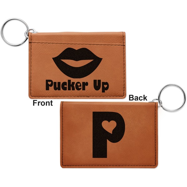 Lips (Pucker Up) Cognac Leatherette Keychain ID Holders - Front and Back Apvl