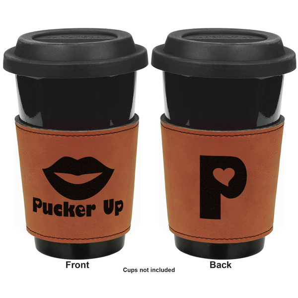 Lips (Pucker Up) Cognac Leatherette Mug Sleeve - Double Sided Apvl