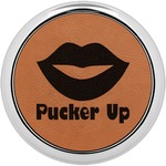 Lips (Pucker Up) Leatherette Round Coaster w/ Silver Edge - Single or Set