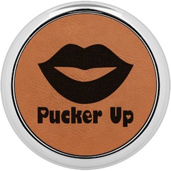 Lips (Pucker Up) Leatherette Round Coaster w/ Silver Edge - Single or Set