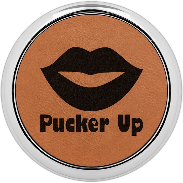 Custom Lips (Pucker Up) Leatherette Round Coaster w/ Silver Edge