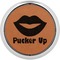 Lips (Pucker Up) Cognac Leatherette Round Coasters w/ Silver Edge - Single