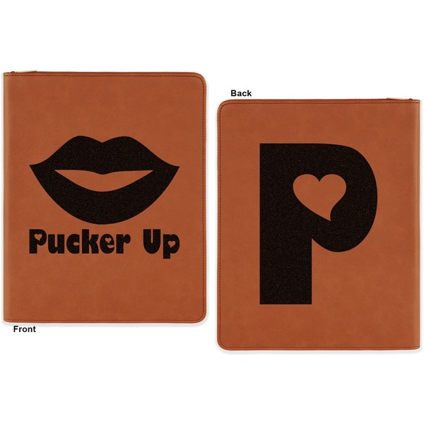 Lips (Pucker Up) Cognac Leatherette Zipper Portfolios with Notepad - Double Sided - Apvl