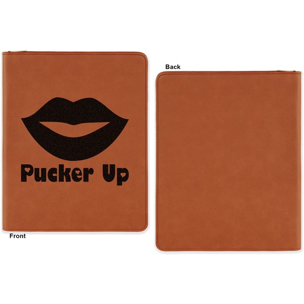 Lips (Pucker Up) Cognac Leatherette Zipper Portfolios with Notepad - Single Sided - Apvl