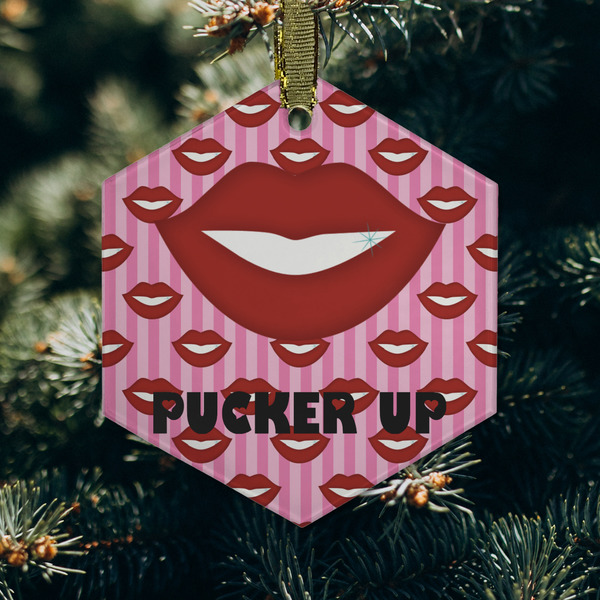 Lips (Pucker Up) Frosted Glass Ornament - Hexagon (Lifestyle)