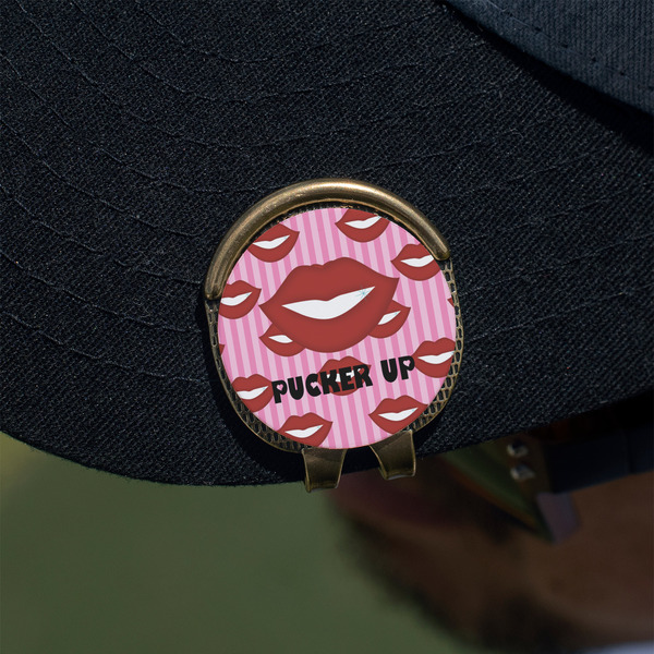 Lips (Pucker Up) Golf Ball Marker Hat Clip - Gold - On Hat